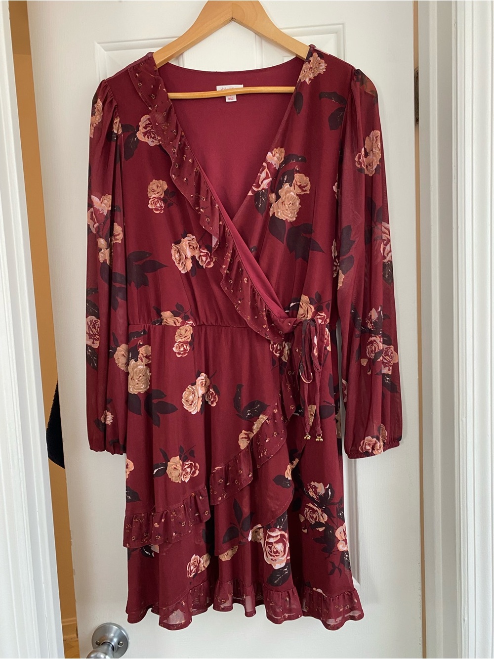 Xhilaration Burgundy Floral Wrap Dress with Ruffle Trim